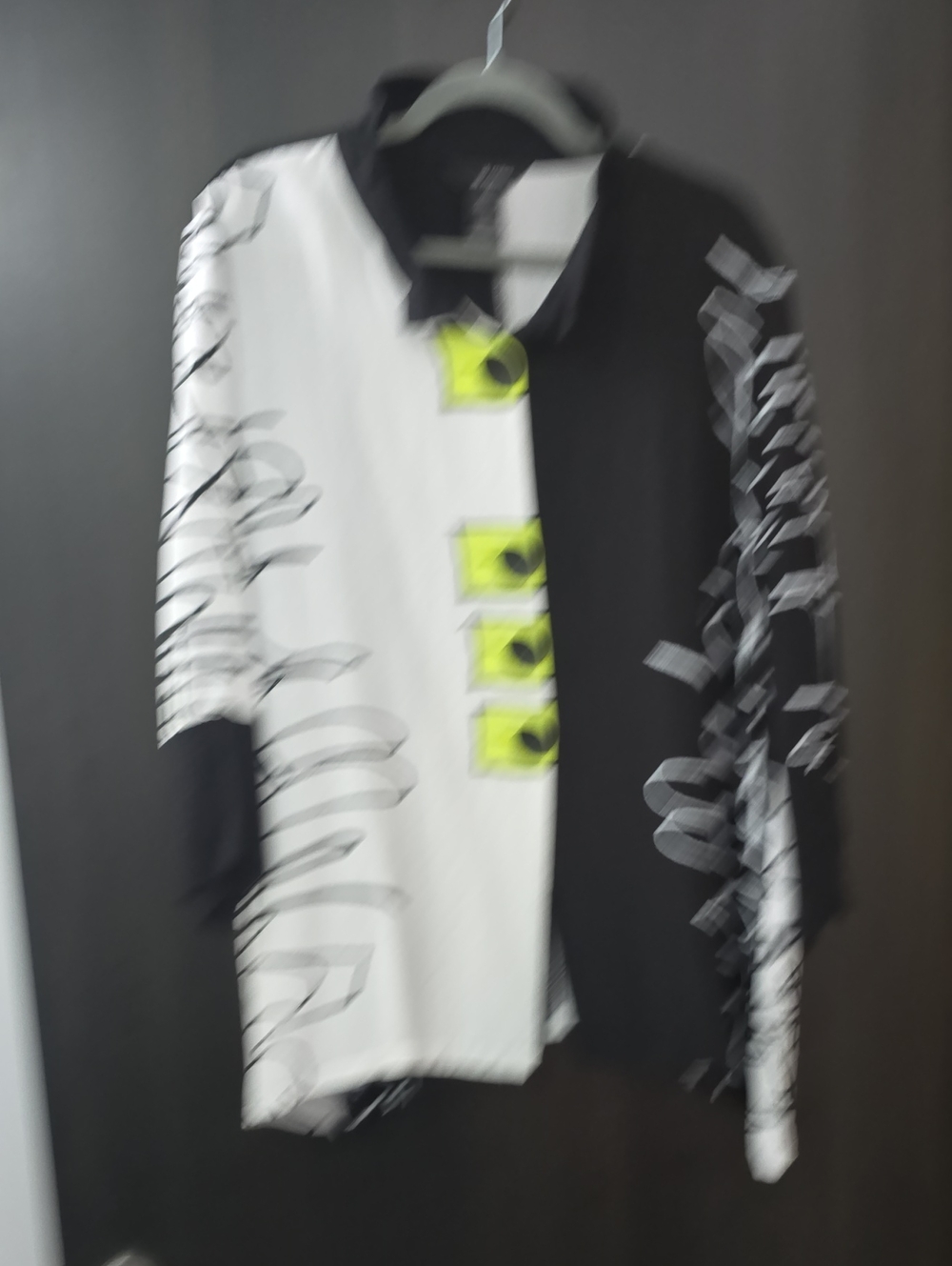 Ali Miles Black & White Graphic Button Polo with Neon Yellow Accents